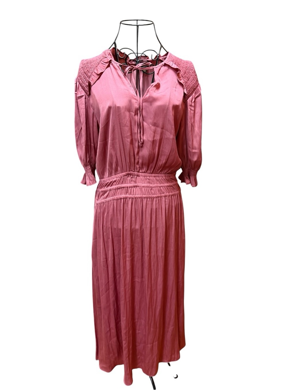 Current Air Satin Smocked Waist Mauve Midi Dress with Tie Neck